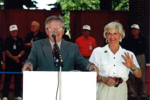 Bill and Anne Riley give their remarks at the stage dedication